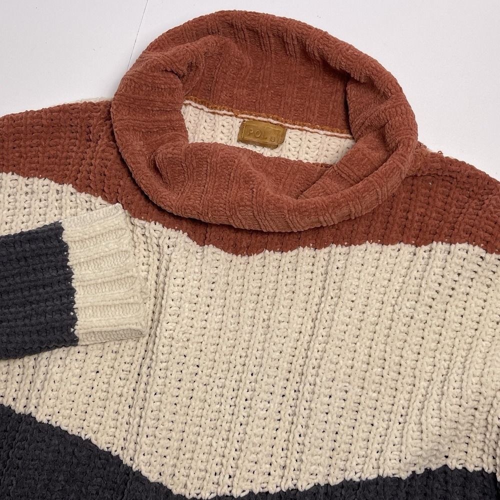 POL Women's Small Cable Knit Turtleneck Colorblock Oversized Boxy Sweater